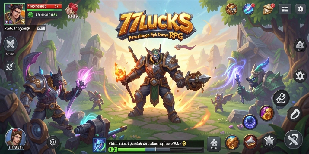 Screenshot gameplay <strong>77LUCKS</strong> menunjukkan aksi epik dalam pertempuran RPG.