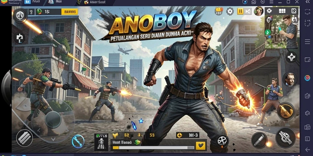 Screenshot ANOBOY menampilkan aksi berintensitas tinggi dalam gameplay.