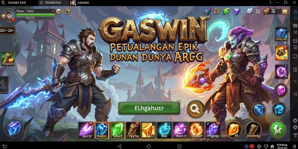 Screenshot menunjukkan pertempuran epik dalam GASWIN dengan karakter dan monster yang penuh warna.
