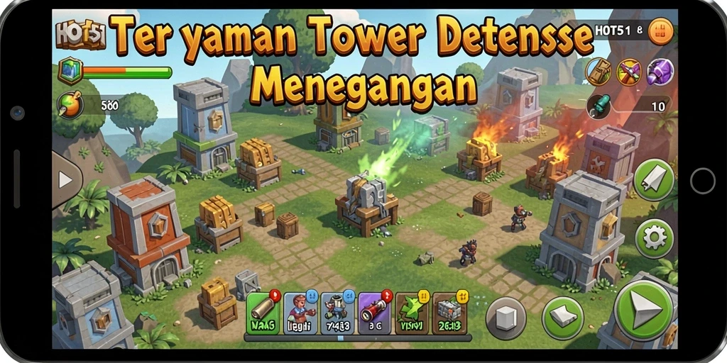 Gameplay Tower Defense HOT51 dengan menara strategis dan musuh yang menyerang.