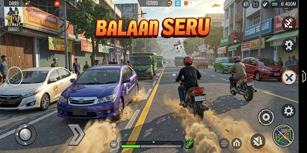 Screenshot utama <strong>IDR89</strong> menampilkan aksi balapan yang mendebarkan dan mobil kecepatan tinggi.