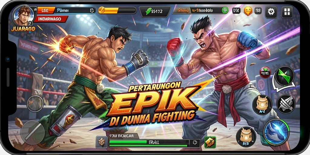 Tampilkan pertarungan epik di JUARAGO dengan karakter kuat.