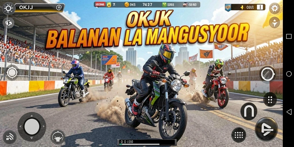 Screenshot utama OKJK menampilkan aksi balapan motor yang mendebarkan.