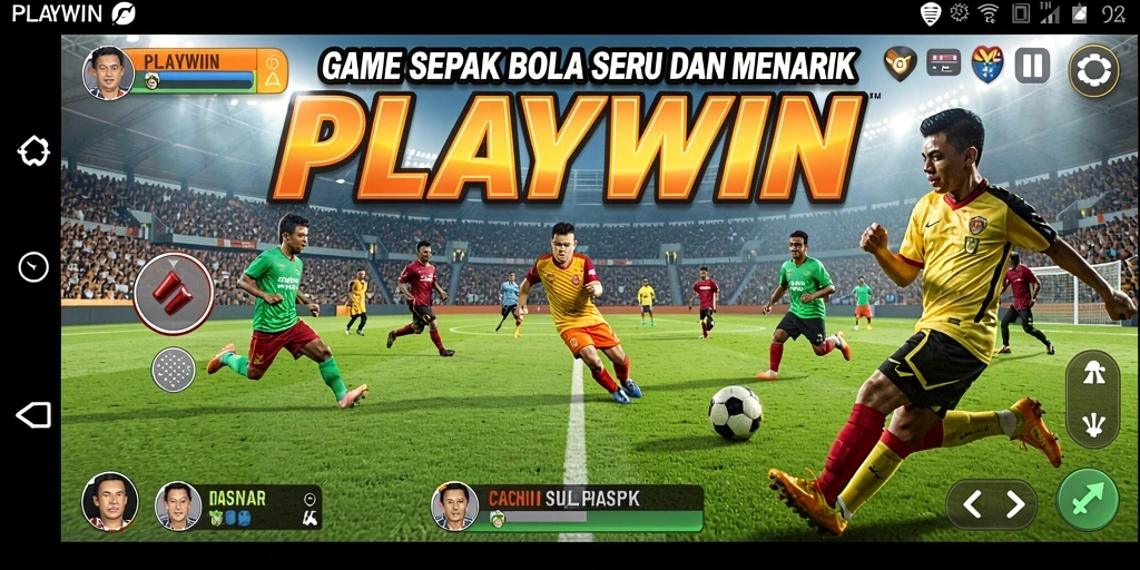 Screenshot utama PLAYWIN menampilkan aksi intens di lapangan sepak bola.
