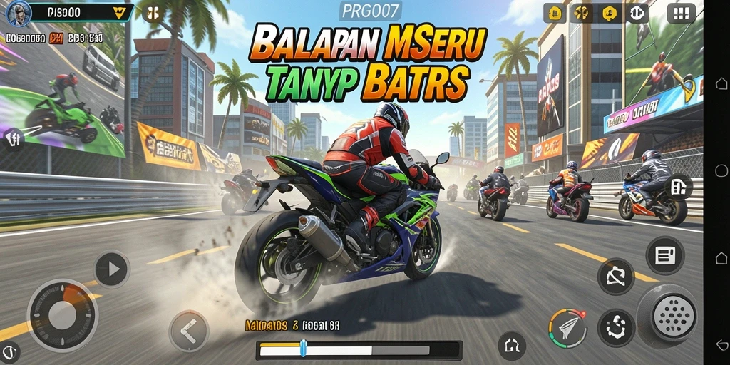 Screenshot utama PRG007 menampilkan gameplay balapan motor yang seru.