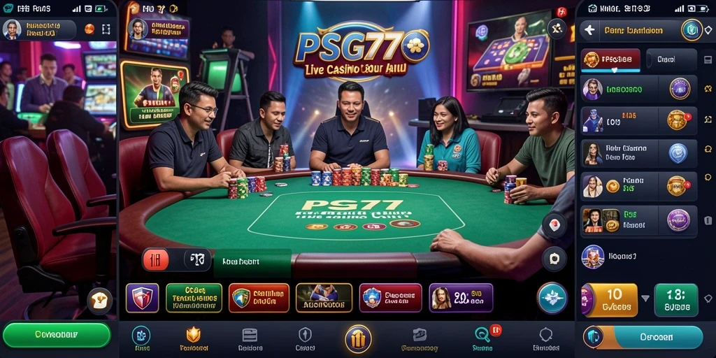 Tampilan screenshot PSG77 menunjukkan dealer langsung yang menyenangkan dan suasana permainan yang menegangkan.