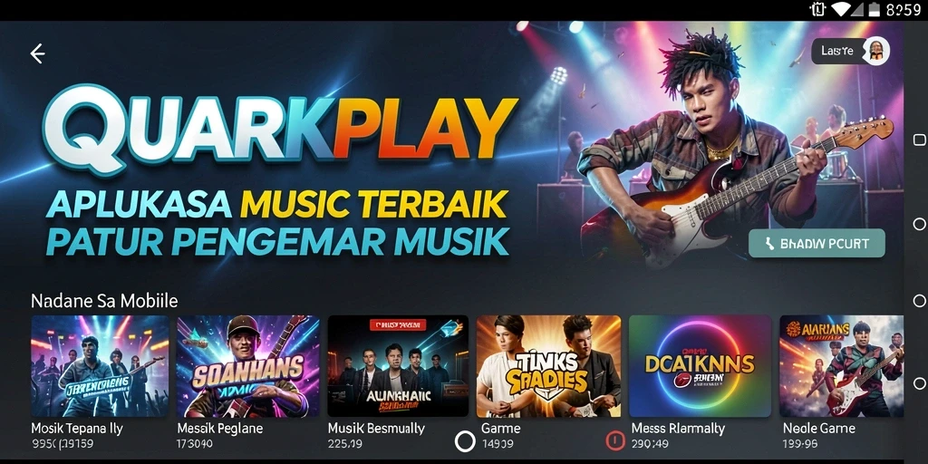 Screenshot menunjukkan antarmuka pengguna QUARKPLAY dengan berbagai lagu dan playlist.