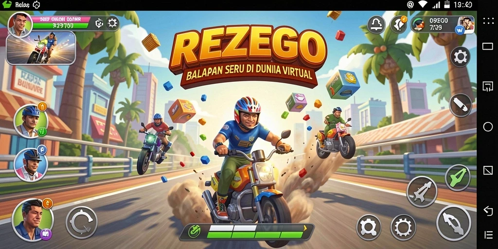 Tangkapan layar utama REZEGO menunjukkan aksi balapan yang mendebarkan.