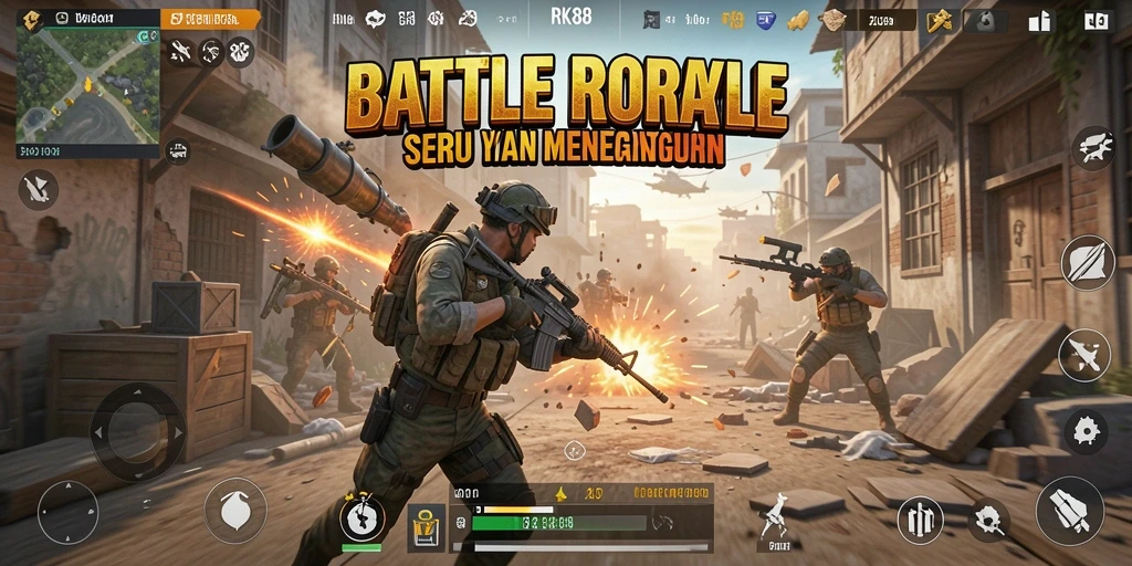 Screenshot utama gameplay RK88 yang menunjukkan aksi intens Battle Royale.