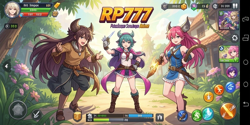 Tangkapan layar gameplay RP777 menampilkan aksi seru dalam dunia anime.