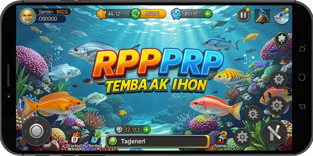 Screenshot gameplay RPRPRP dengan aksi menembak ikan.