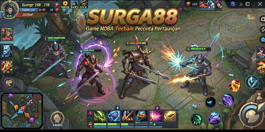 Tampilan gameplay menegangkan dalam SURGA88 dengan aksi tim yang seru.