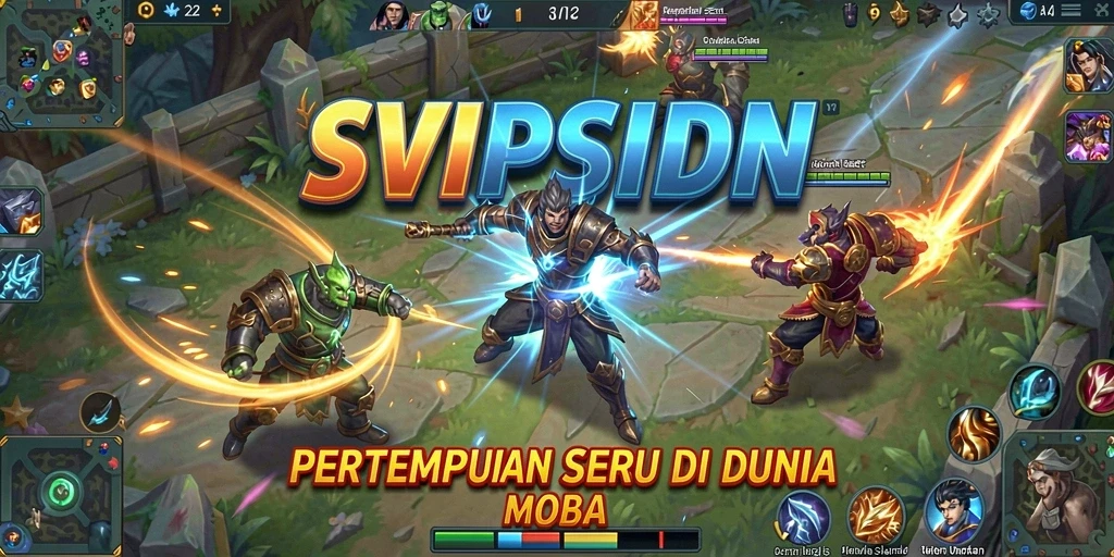 Screenshot gameplay SVIPSIDN menampilkan aksi pertempuran MOBA yang intens.
