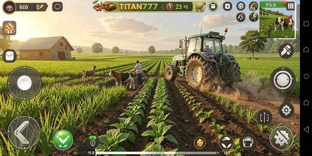 Screenshot utama TITAN777 menampilkan aktivitas bertani yang seru dan menawan.