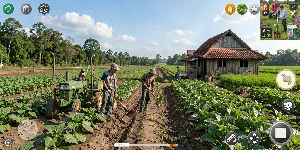 Tampilan gameplay seru dalam VV62, petani sedang merawat ladang.