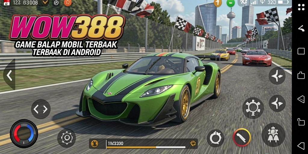 Screenshot gameplay WOW388 menampilkan aksi balap yang mendebarkan dengan mobil cepat.